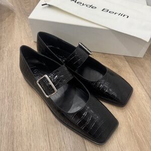 Aeyde Black Croc-Embossed Flats with Silver Buckle Worn once